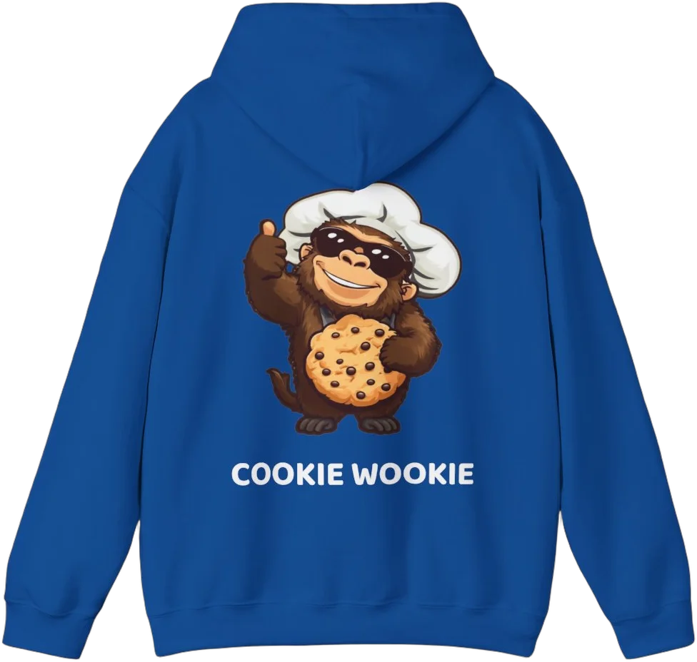 Royal blue Cookie Wookie hoodie, back, with Chewy giving a thumbs up and holding a chocolate chip cookie