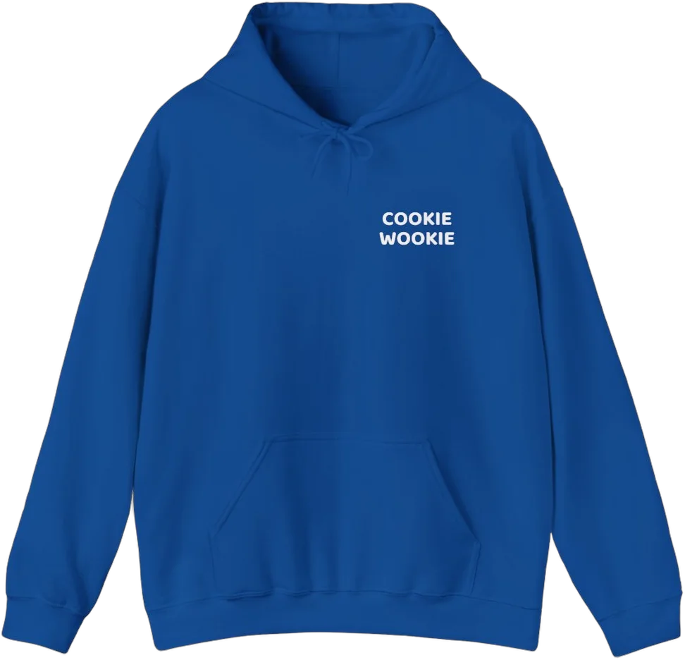 Royal blue Cookie Wookie hoodie, front, with COOKIE WOOKIE on the chest